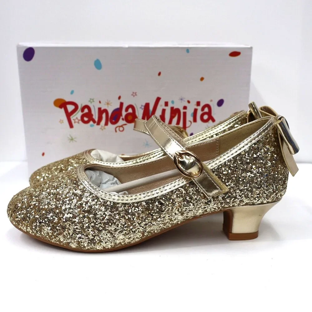 PANDANINJIA Girls Heels, Dress Shoes for Girls, Mary Jane Gold, Sequin SIZE 3